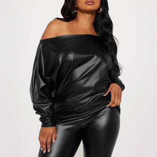 C8906 Cross-border Amazon European and American New Solid Color One-character Collar plus size Women's Slim-fit Slim-fit Leather suit