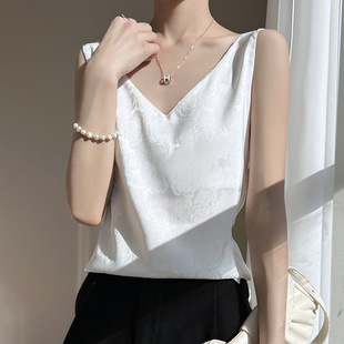 Acetic Acid Satin Camisole Women's Summer Thin Suit Inner Design Jacquard V-neck Sleeveless Base Top