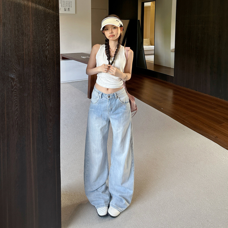 Yc& American Retro High-Waisted Loose Wide-Leg Pants with Back Button Design, Adjustable Scimitar Jeans for Women