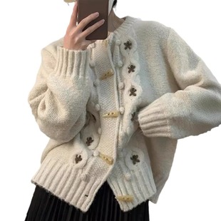 Horns Retro Flower Design Sweater Autumn and Winter New Japanese and Korean Gentle Slimming Loose Soft Waxy Knitted Cardigan for Women