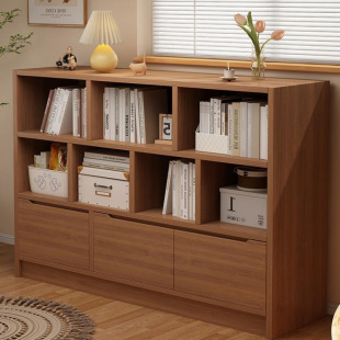 Bookshelf Floor Storage Rack Storage Bookcase with Cabinet Door Storage Cabinet Integrated Low Cabinet Living Room Walnut Color Small Cabinet