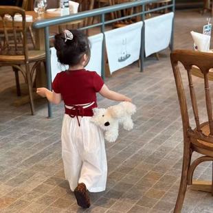 Girls' Summer Korean-style Short-sleeved suit 2025 New Baby Stylike Back Strap T-shirt White Wide-leg Trousers
