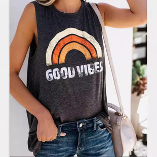 Cross-border Hot Selling European and American Amazon Vest good vibes Rainbow Loose Top T-Shirt Casual plus size