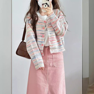 Pink Striped Knitted Cardigan Sweater Women's Early Autumn and Winter 2024 New Retro Japanese Lazy Style Coat Top