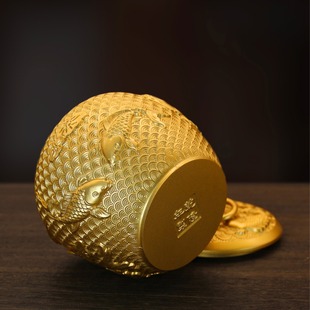 Pure Brass Koi Tea Jar Storage Jar High-grade Copper Jar with Lid Moisture-proof Sealed Jar Ashtray Crafts Ornaments