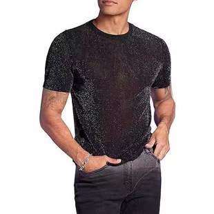 2024 Cross Border Hot Sale Men's Flash Top Transparent Mesh See-through Round Neck Short Sleeve T-Shirt