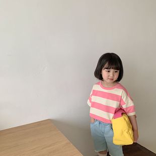 Korean summer children's clothing new children's striped T-shirt boys and girls baby cute Korean t sailor short sleeve top