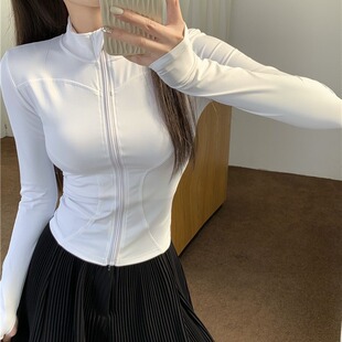 Lulu Summer Sunscreen Yoga Sports Coat Women's Tight-Fit Quick-Dry Long-Sleeved Top with Vertical Collar Internet Celebrant Running Fitness Clothes