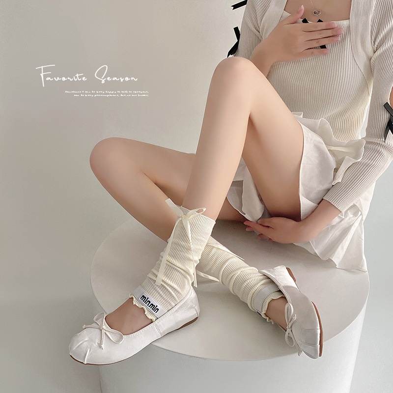 Night Teaching Room Socks Stacked Socks Women's Spring and Autumn Bow Ear Edge Grey Middle Socks Ballet Leg Cover