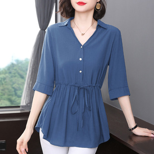 Short-sleeved Shirt Women's Mid-sleeved Summer 2021 New Loose Belly Covering Tight Waist Top Black Large Size Mid-length Thin