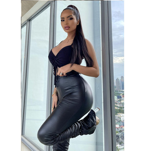 Cross-border Autumn New Amazon European and American Fashion Sexy Tight Pleated High Waist Stretch Split PU Leather Pants