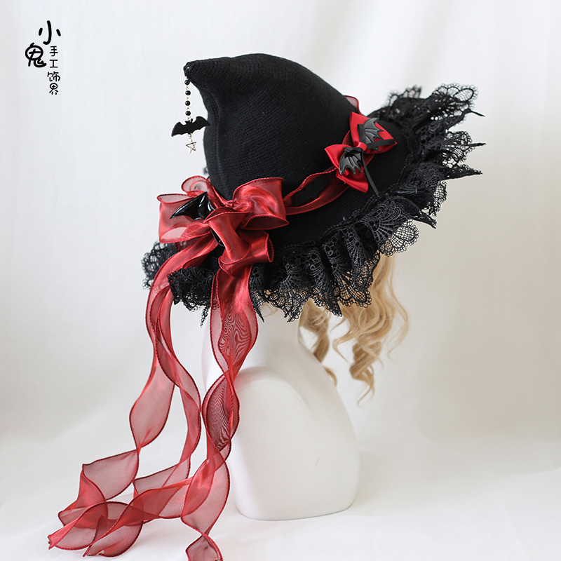 Original Lolita Devil Bow Woolen Lace Halloween Witch Hat