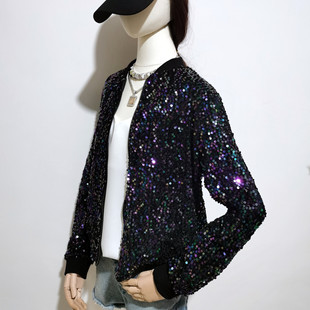 In stock wholesale fashion sequin zipper shirt modern dance baseball uniform loose sequin stage outfit coat for women