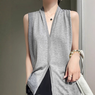 Worsted Wool V-neck Knitted Vest Women's Sleeveless Solid Color Cardigan Thin All-match Base and Collar Elegant Top Wholesale