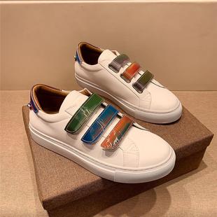 Jijia Velcro Men's Sneakers Leather Color-matching White Shoes Low-top Casual Shoes Leg Black Shoes Lace-free Single-layer Shoes