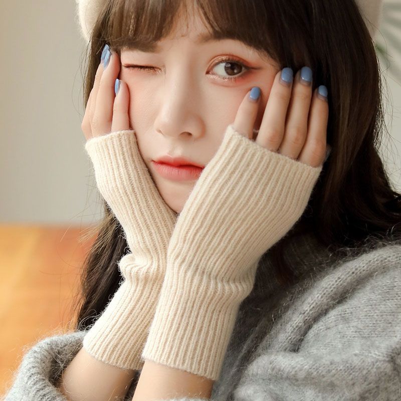Autumn and Winter half finger gloves female plush all-match warm student fingerless writing knitted half finger exposed long gloves wristband