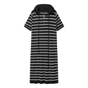European and American Striped Hooded Short-sleeved Knitted dress Summer Fashionable All-match Mid-length Dress Loose Slimming Straight Dress