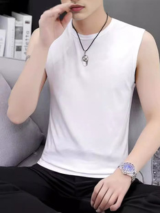 Men's Vest 2024 Summer Solid Color Sports Hurdle Sweatshirt Waistcoat Base Shirt Sleeveless T-shirt Fashionable Round Neck Back