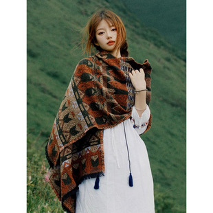 European and American Ethnic Style Shawl Female Xinjiang Xizang Travel Photo Wearing Western Sichuan Cloak Dual-purpose Scarf Female Winter