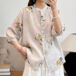 Summer high quality Pure Ramie Mid-Sleeve Top Cardigan Fresh Digital Printing Loose Inner Edge Breathable Shirt for Women