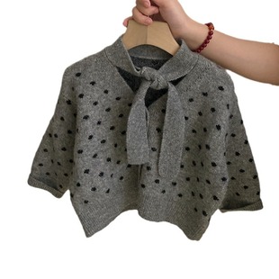 Girls' Niche Neck Lace Polo Dot Knitted Cardigan 2024 Autumn New Lace Stitching Culottes Styish suit