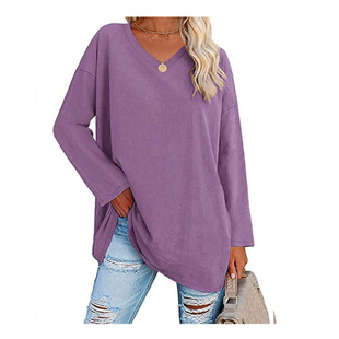 European and American oversized women's T-shirt Amazon foreign trade new multi-color loose off-shoulder sleeve V-neck solid color women's top