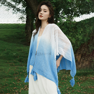 Vintage Ethnic Knitted Hollow Shawl Vacation Tassel Gradient Cardigan High-grade Cloak Outer Lace Blouse