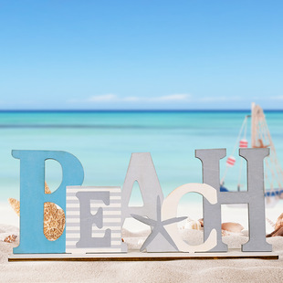 Cross-border New Mediterranean Style Wooden Decorative Ornaments Blue OCEAN Style Printed Ornaments OCEAN