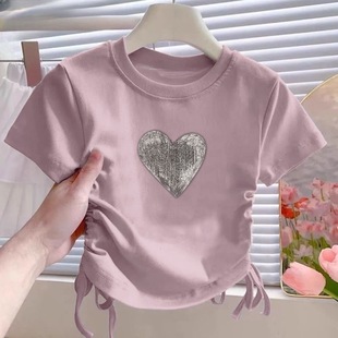 Girls Cotton Drawstring Short-sleeved Shirt Children's Summer 2025 New Stylistics Solid Color Slim Fit T-shirt Design Short Top