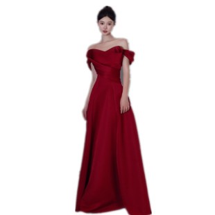 Toast dress bride 2024 new off-shoulder satin high-grade wine red wedding slimming simple evening dress Spring