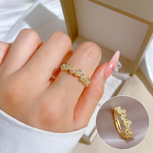 [Real Gold] Leaf Zircon Ring Opening Adjustable Simple Handset Japanese Ring Couple Ring