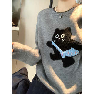 Fun Cartoon Cat Soft Waxy Sweater Women's Autumn and Winter Inner Wear Loose Lazy Style Small Base Sweater