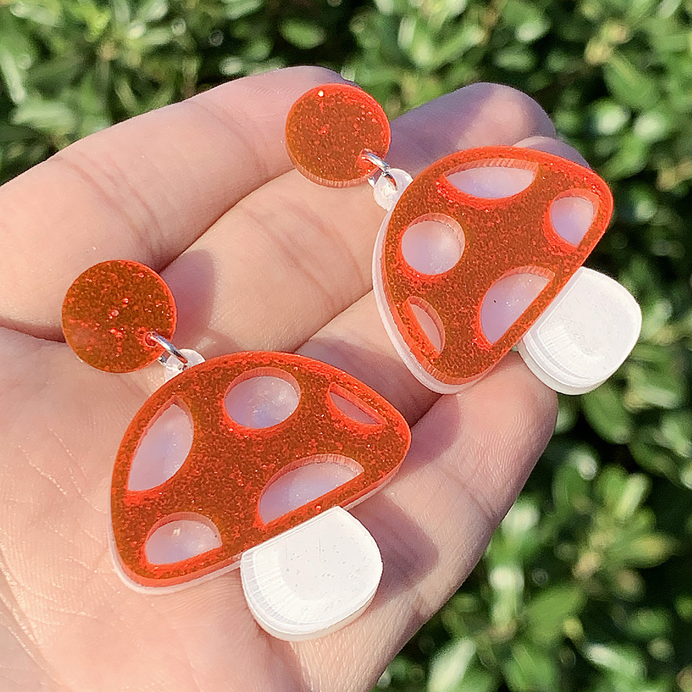 European and American New Creative Red Mushroom Glitter Acrylic Earrings Handmade Cute Splicing Mushroom Acrylic Earrings