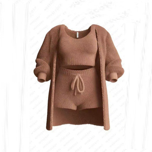 2024 autumn and winter new cross-border Amazon knitted plush long sleeve jacket vest shorts three-piece four-piece set