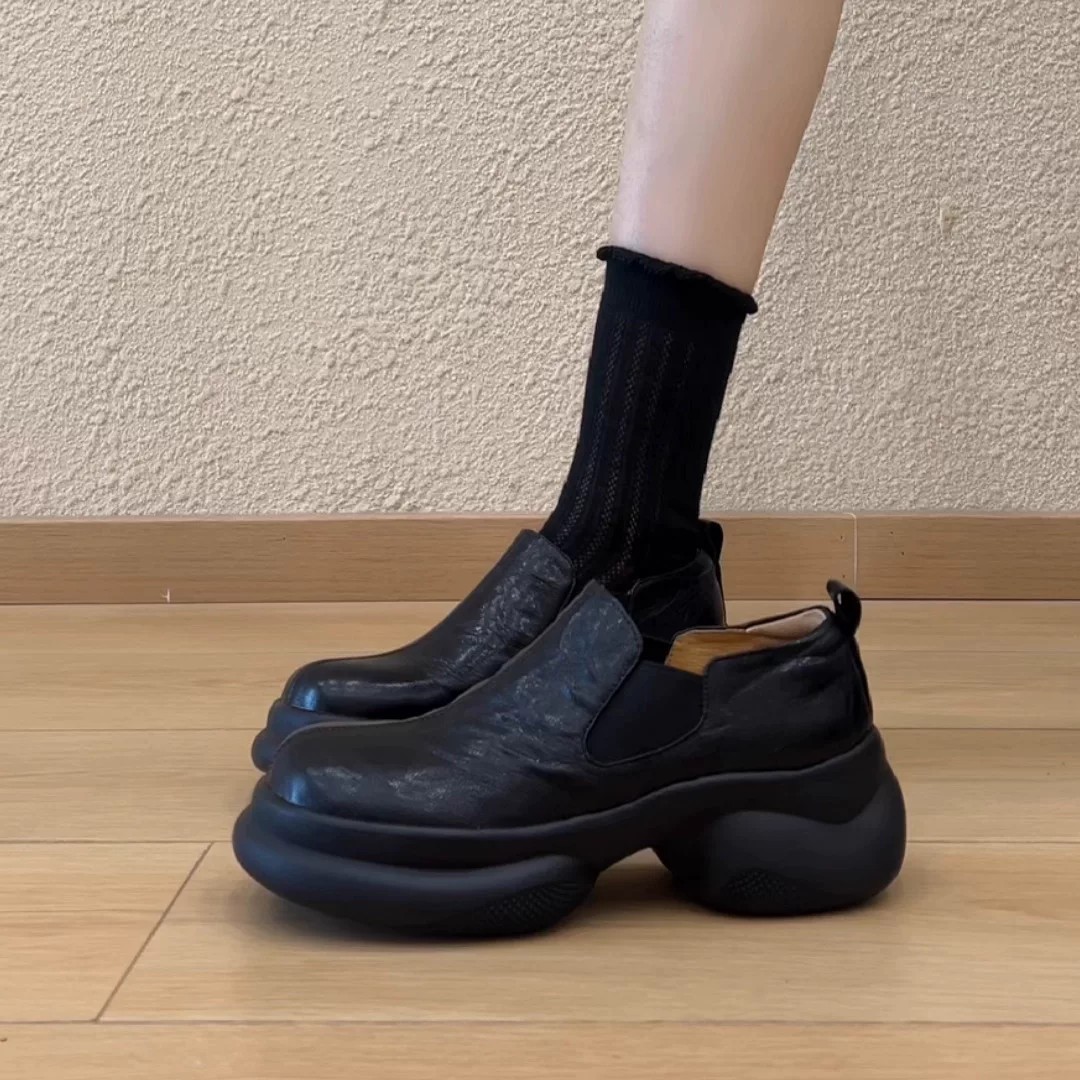 Cowhide version~26 new style retro round-toe versatile slimming loafers with stacked socks and thick soles for women