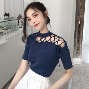YXBB Han Feng Chic, футболка с короткими рукавами и полым ремешком на плечах, Женская Базовая рубашка, летнее платье, цветной свитер, модный топ