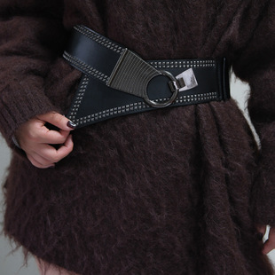 Punk Style Hot Girl Rivet Wide Waist Seal Women's European and American High-end Dress Belt All-match Round Buckle Crossbody Belt Trendy