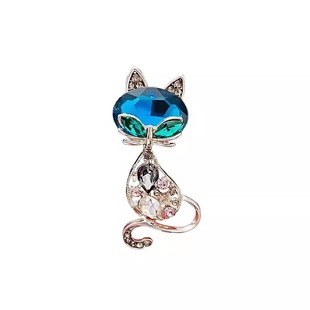 European and American Retro Sapphire Cat Brooch Fashion Cute Animal Pin Alloy Diamond Corsage Suit Accessories
