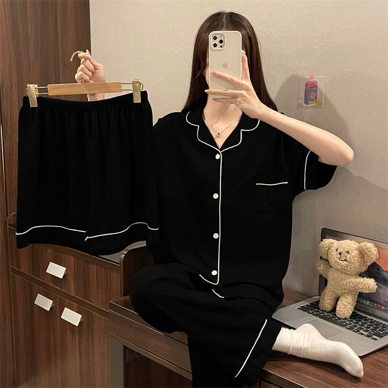 Simple Black Summer 2024 pajamas Women's Student short sleeve suit cardigan loose Korean style three-piece home wear