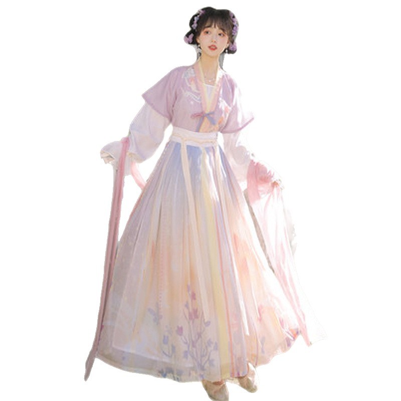 Authentic Tang Dynasty-Style Hanfu for Women, Adult Round-Neck Short-Sleeve Top with Pleated Skirt, Full Set of Traditional Chinese Clothing