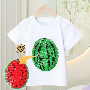 Face Changing T-shirt Children's Color Changing Short Sleeve T-shirt Sequin Round Neck Fashion Top Girl Casual Cartoon
