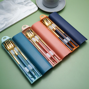 304 portable chopsticks fork spoon tableware creative pull-out student storage box outdoor travel three-piece set suit