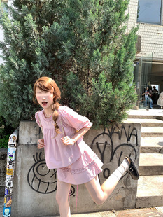 aaaaxbbb Thousand Sakura Special Two-color Puff Sleeve Lace suit Ear-rimmed Mid-sleeve Top Skirt for Women