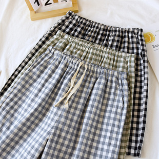 Summer new washed cotton plaid couple shorts simple casual breathable home pants plus size thin pajama pants