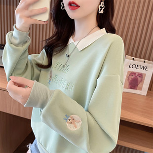 fleece-lined Thickened Polo Collar Sweat Women's Autumn and Winter Rabbit Embroidery Design All-match Western Style Student Long Sleeve Top