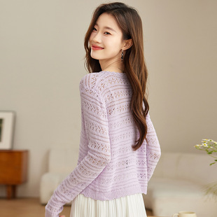 French Style Ice Silk V-Neck Knitted Cardigan Short Coat Women's Summer Hollow-out Small Shawl Outer Sunscreen Loose Top Thin