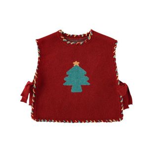 Wulibuyi girl's Christmas suit sweet cute fleece-lined pleated skirt winter Sesame dot jacquard vest sweater