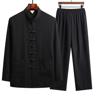 2023 Summer Cotton Linen Tang Suit Long-sleeved Suit Middle-aged and Elderly Men's Tai Chi Suit Zen Suit Tea Suit Chinese Style
