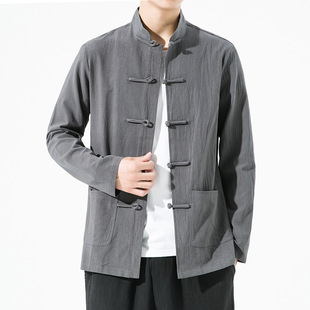 Chinese Style Spring and Autumn Casual Long-sleeved Tang Suit Shirt Chinese Retro Loose Tea Suit Men's Solid Color Chinese Tunic Top