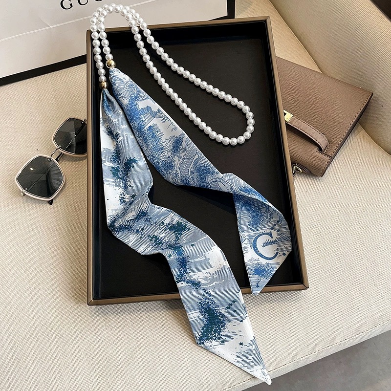 Spring and Summer New Pearl Scarf Necklace Scarf Elegant High-end Sense Niche Clavicle Chain Women's Hair Tie Bag Ribbon